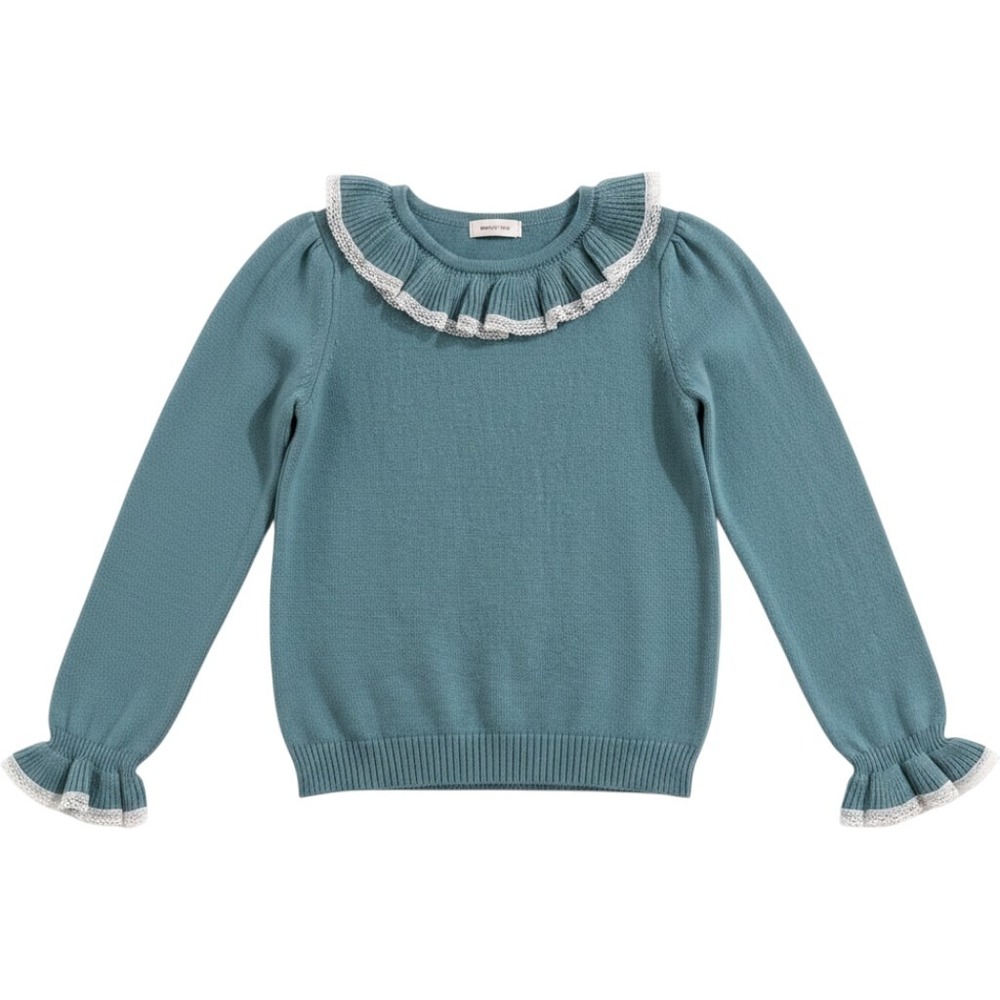 Janie and Jack Ruffle Collar Sweater Kids 7 Teal Lace Trim Preppy Cottagecore